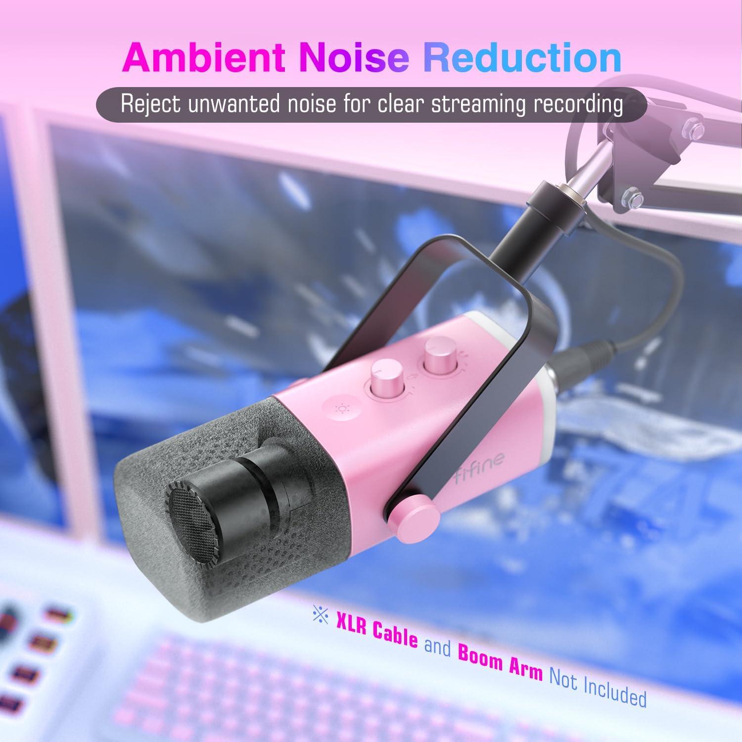 imageFIFINE USBXLR Dynamic Microphone for Podcast Recording PC Computer Gaming Streaming Mic with RGB Light Mute Button Headphones Jack Desktop Stand Vocal Mic for Singing YouTubeAmpliGame AM8Pink