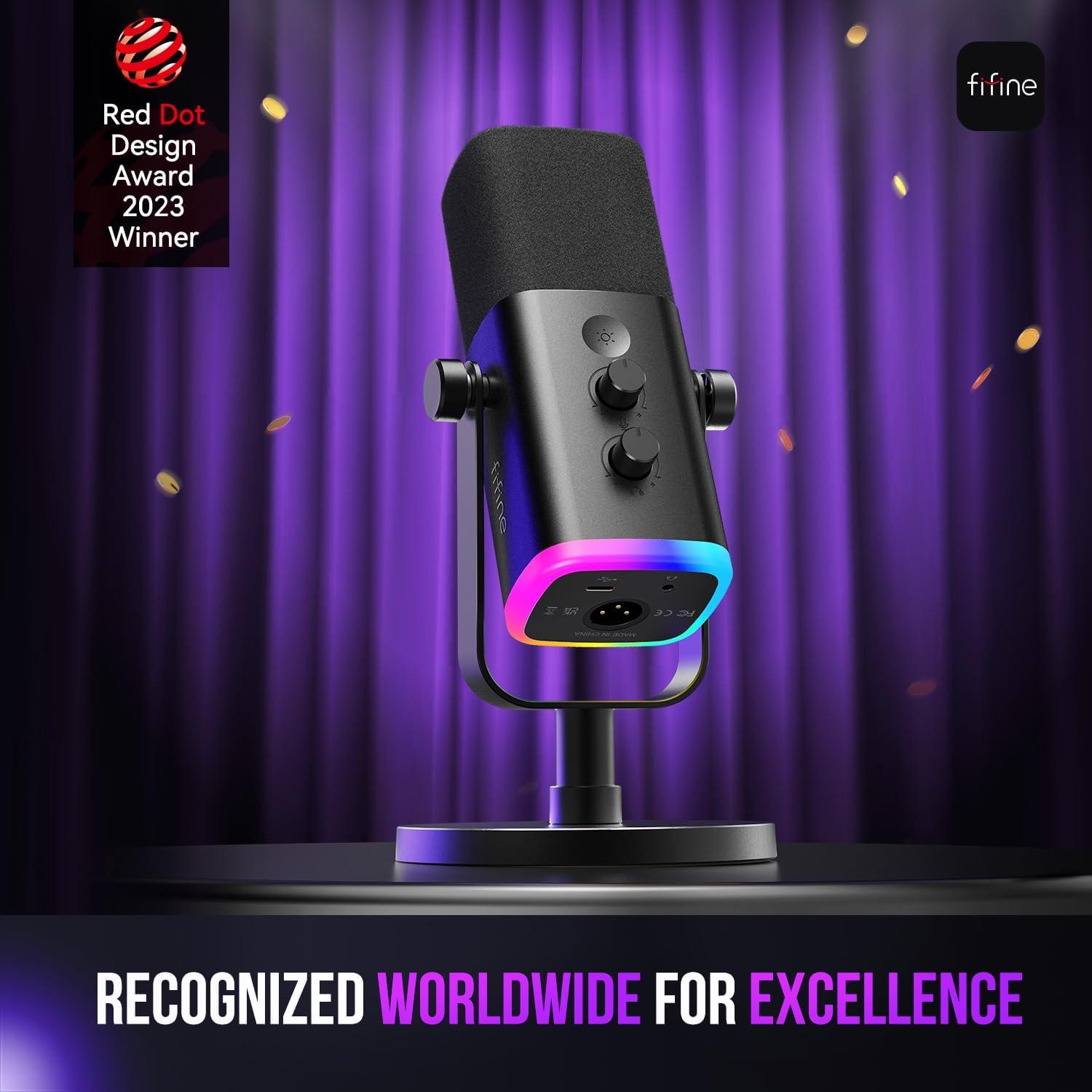 imageFIFINE USBXLR Dynamic Microphone for Podcast Recording PC Computer Gaming Streaming Mic with RGB Light Mute Button Headphones Jack Desktop Stand Vocal Mic for Singing YouTubeAmpliGame AM8Black