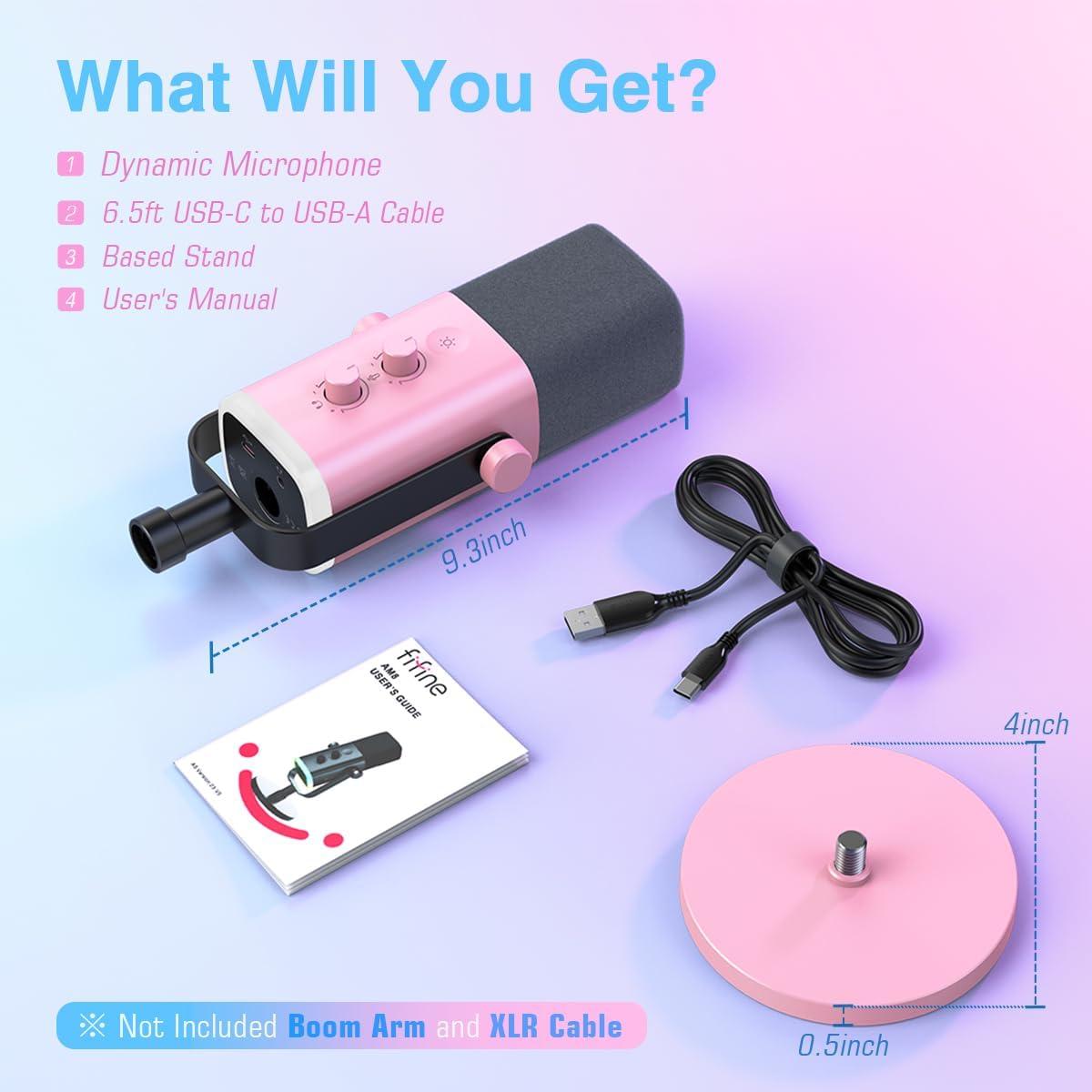 imageFIFINE USBXLR Dynamic Microphone for Podcast Recording PC Computer Gaming Streaming Mic with RGB Light Mute Button Headphones Jack Desktop Stand Vocal Mic for Singing YouTubeAmpliGame AM8Pink