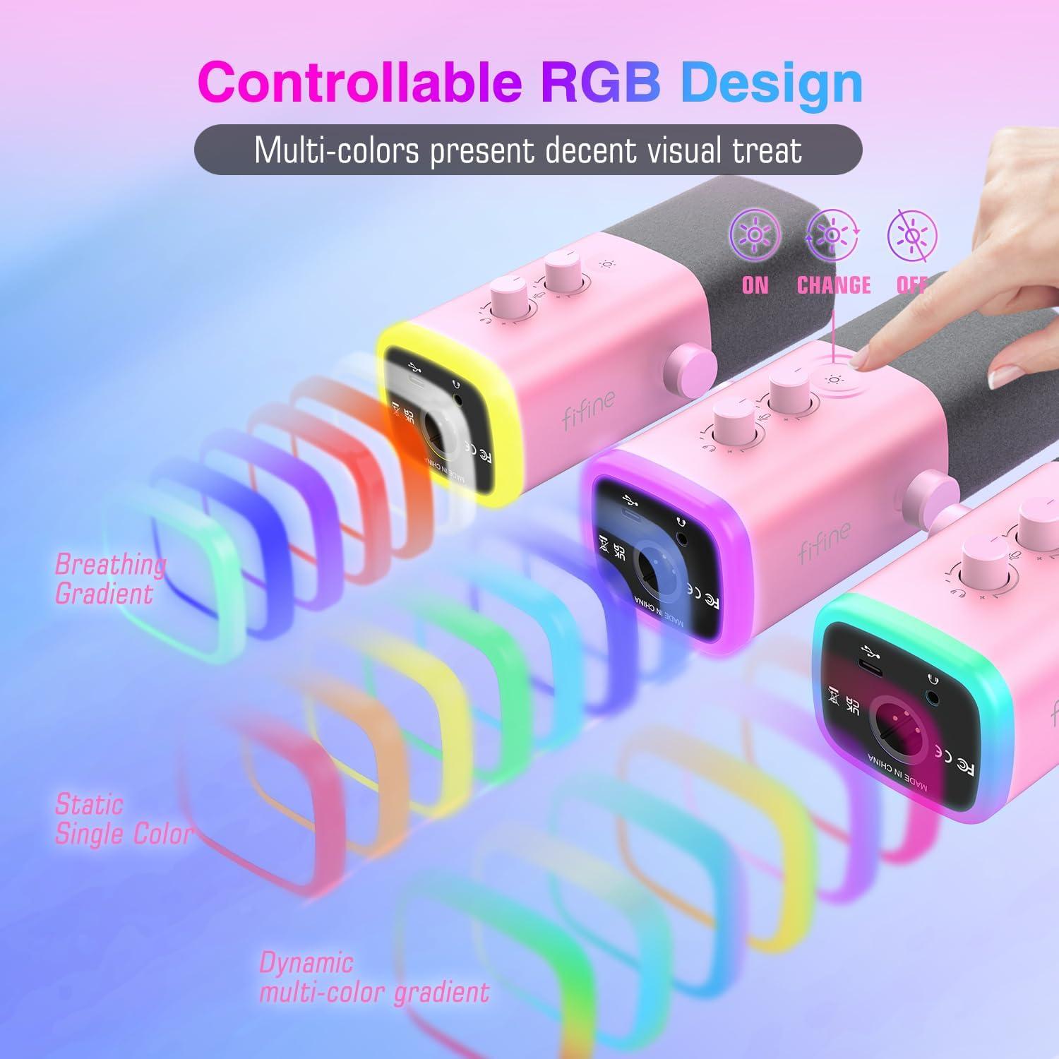 imageFIFINE USBXLR Dynamic Microphone for Podcast Recording PC Computer Gaming Streaming Mic with RGB Light Mute Button Headphones Jack Desktop Stand Vocal Mic for Singing YouTubeAmpliGame AM8Pink