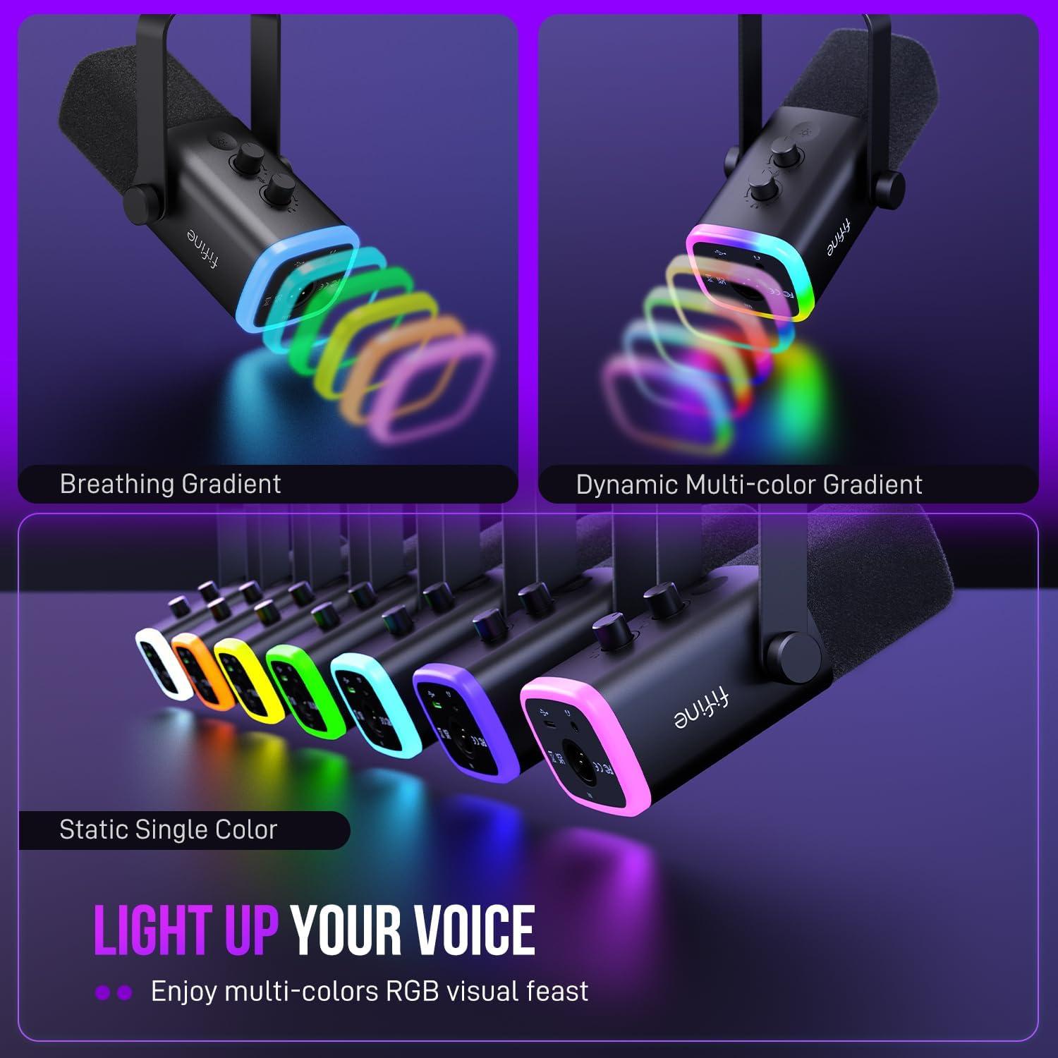 imageFIFINE USBXLR Dynamic Microphone for Podcast Recording PC Computer Gaming Streaming Mic with RGB Light Mute Button Headphones Jack Desktop Stand Vocal Mic for Singing YouTubeAmpliGame AM8Black