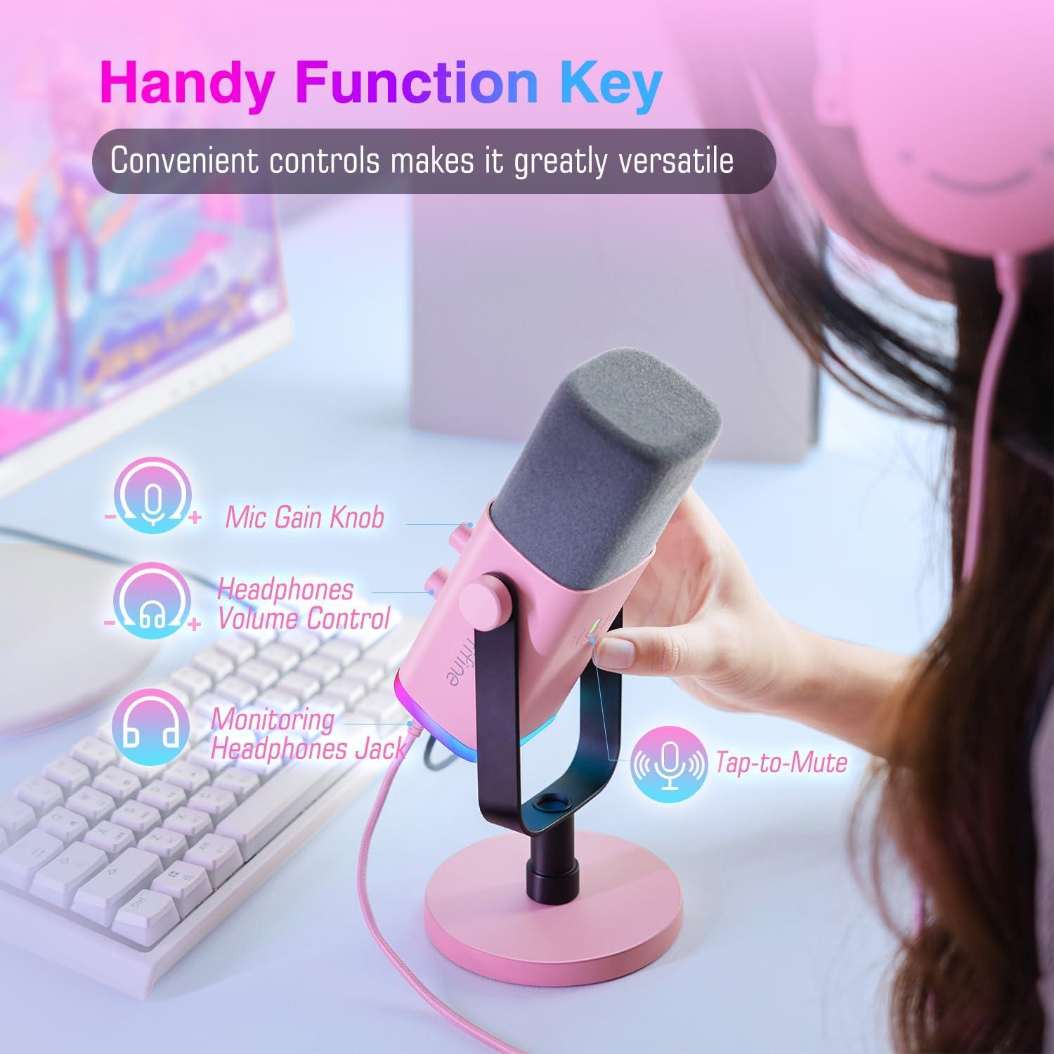 imageFIFINE USBXLR Dynamic Microphone for Podcast Recording PC Computer Gaming Streaming Mic with RGB Light Mute Button Headphones Jack Desktop Stand Vocal Mic for Singing YouTubeAmpliGame AM8Pink