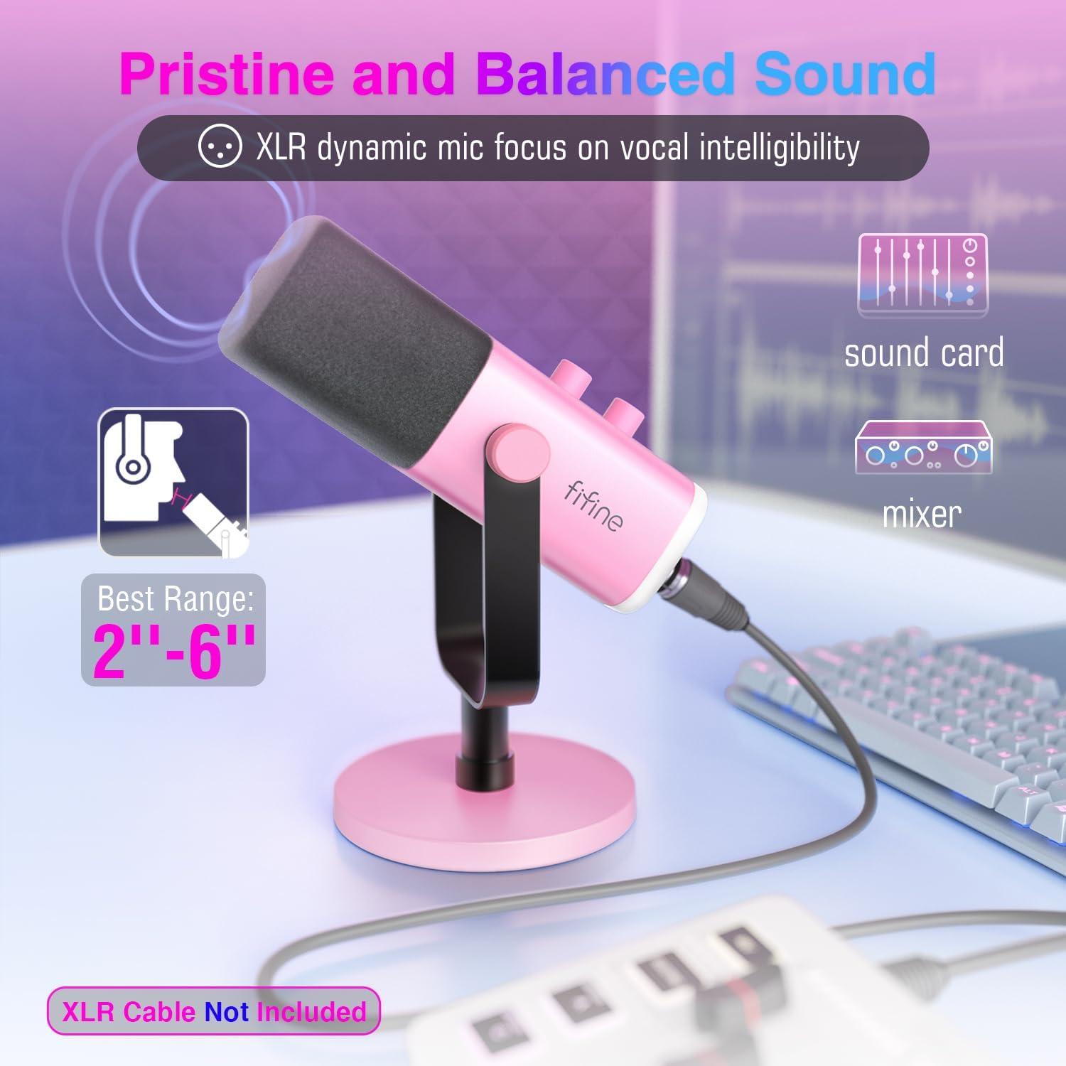 imageFIFINE USBXLR Dynamic Microphone for Podcast Recording PC Computer Gaming Streaming Mic with RGB Light Mute Button Headphones Jack Desktop Stand Vocal Mic for Singing YouTubeAmpliGame AM8Pink