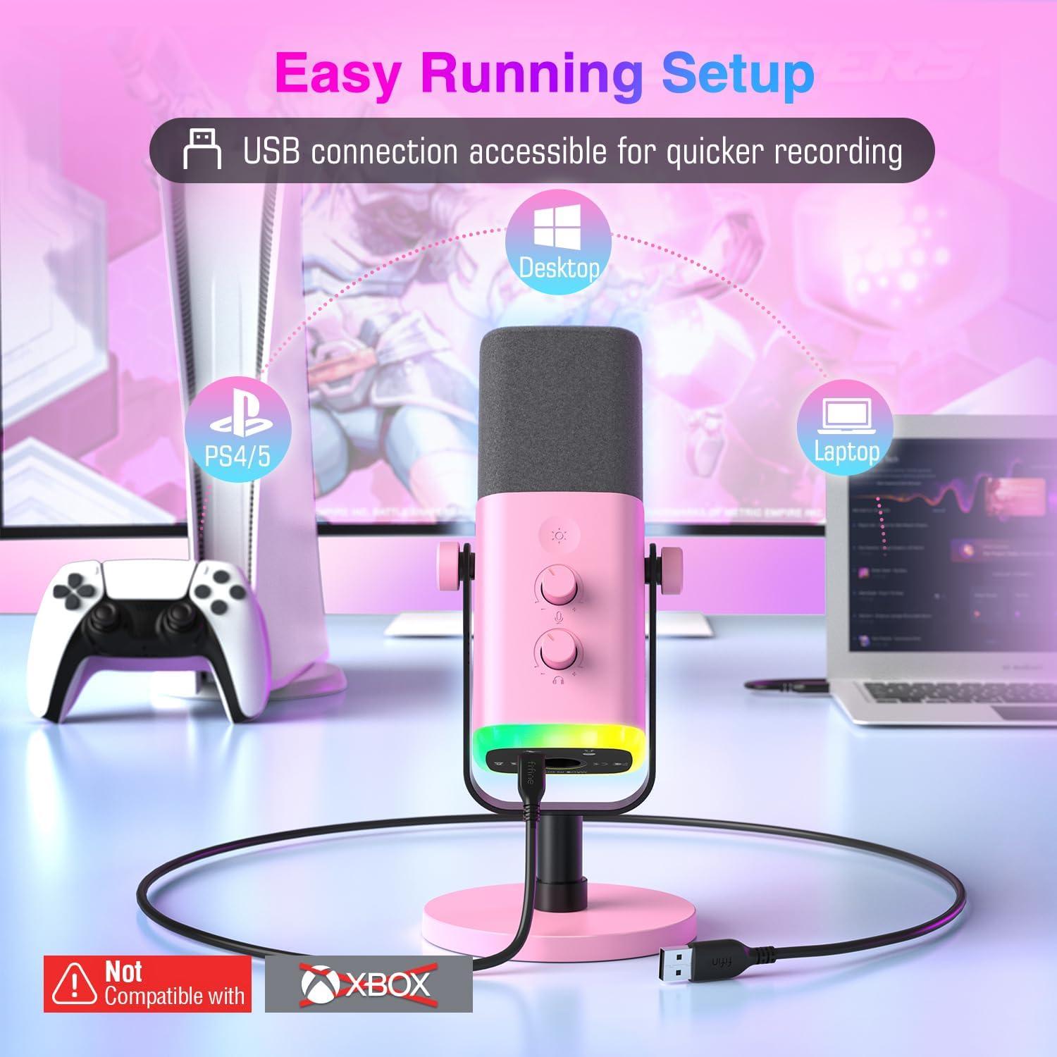 imageFIFINE USBXLR Dynamic Microphone for Podcast Recording PC Computer Gaming Streaming Mic with RGB Light Mute Button Headphones Jack Desktop Stand Vocal Mic for Singing YouTubeAmpliGame AM8Pink