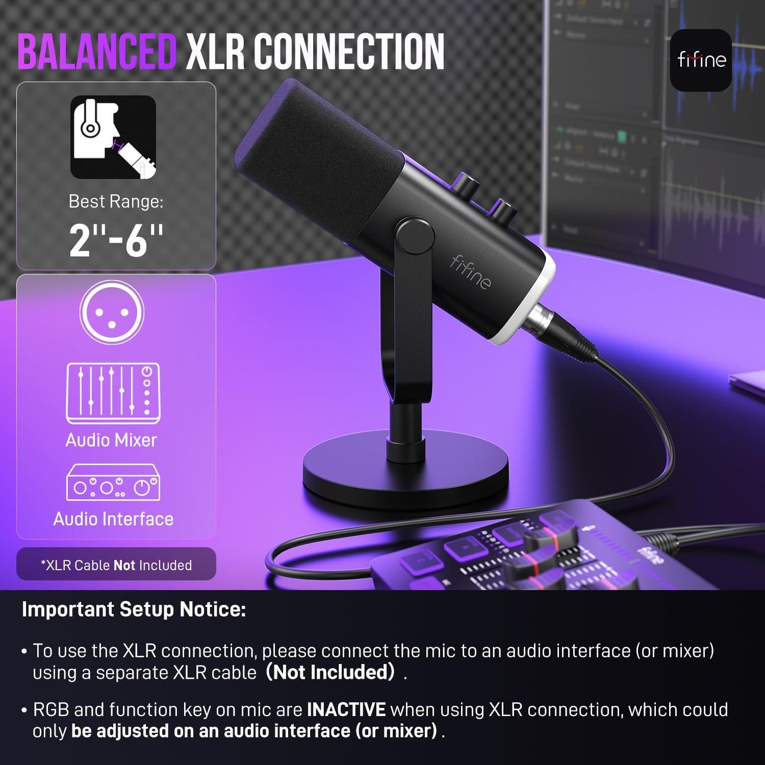 imageFIFINE USBXLR Dynamic Microphone for Podcast Recording PC Computer Gaming Streaming Mic with RGB Light Mute Button Headphones Jack Desktop Stand Vocal Mic for Singing YouTubeAmpliGame AM8Black