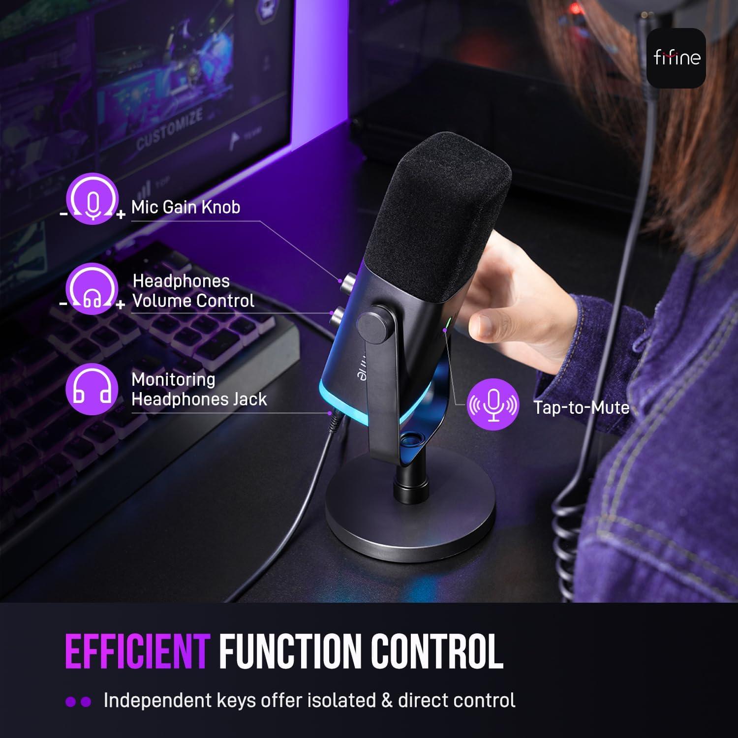 imageFIFINE USBXLR Dynamic Microphone for Podcast Recording PC Computer Gaming Streaming Mic with RGB Light Mute Button Headphones Jack Desktop Stand Vocal Mic for Singing YouTubeAmpliGame AM8Black