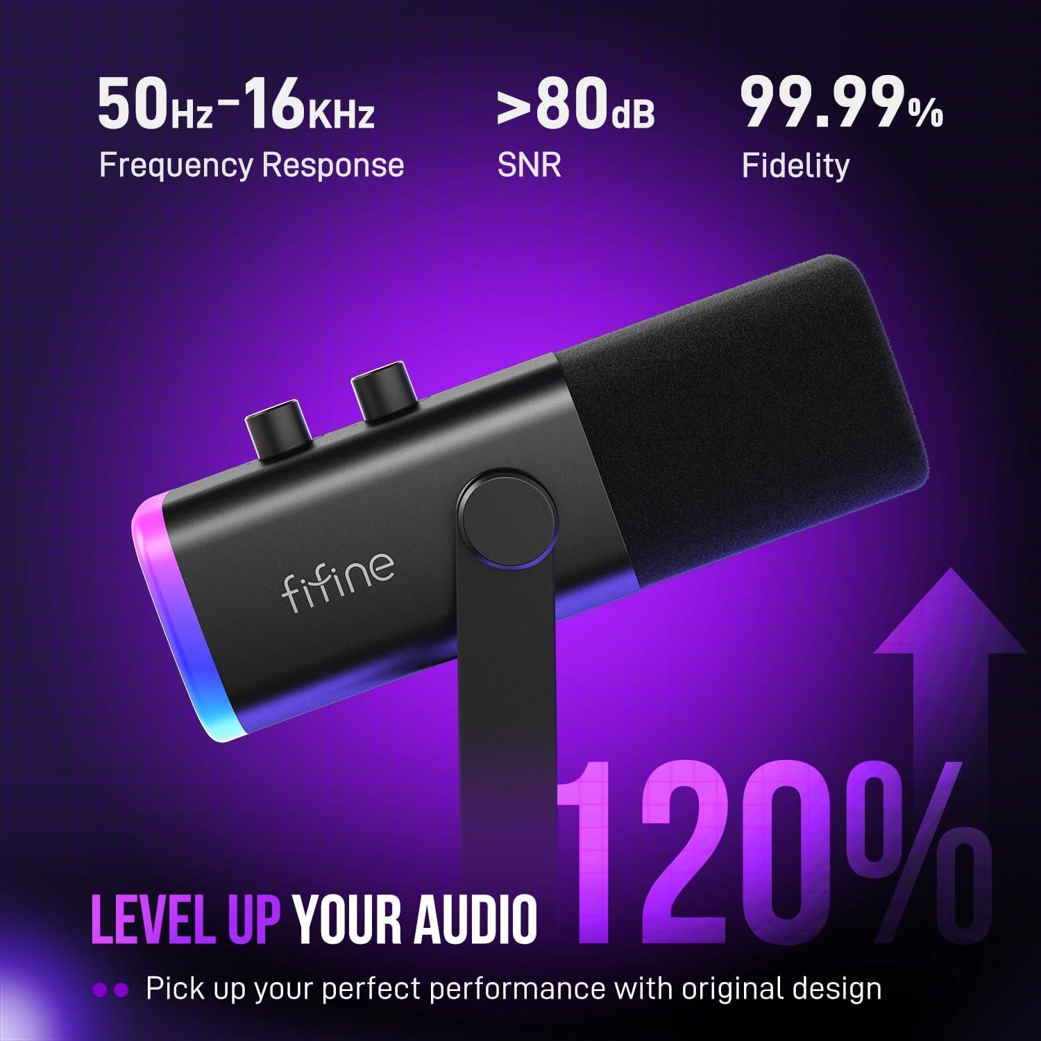 imageFIFINE USBXLR Dynamic Microphone for Podcast Recording PC Computer Gaming Streaming Mic with RGB Light Mute Button Headphones Jack Desktop Stand Vocal Mic for Singing YouTubeAmpliGame AM8Black