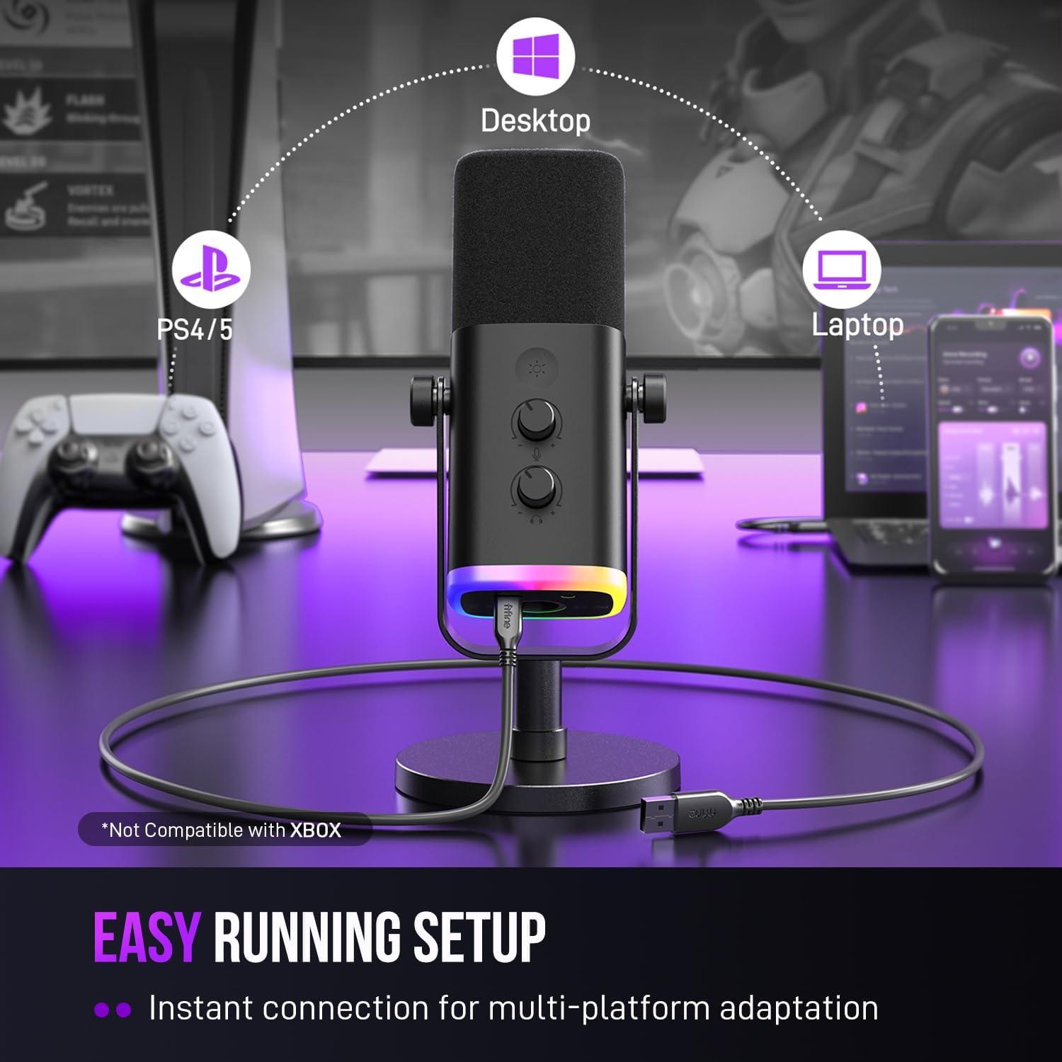 imageFIFINE USBXLR Dynamic Microphone for Podcast Recording PC Computer Gaming Streaming Mic with RGB Light Mute Button Headphones Jack Desktop Stand Vocal Mic for Singing YouTubeAmpliGame AM8Black