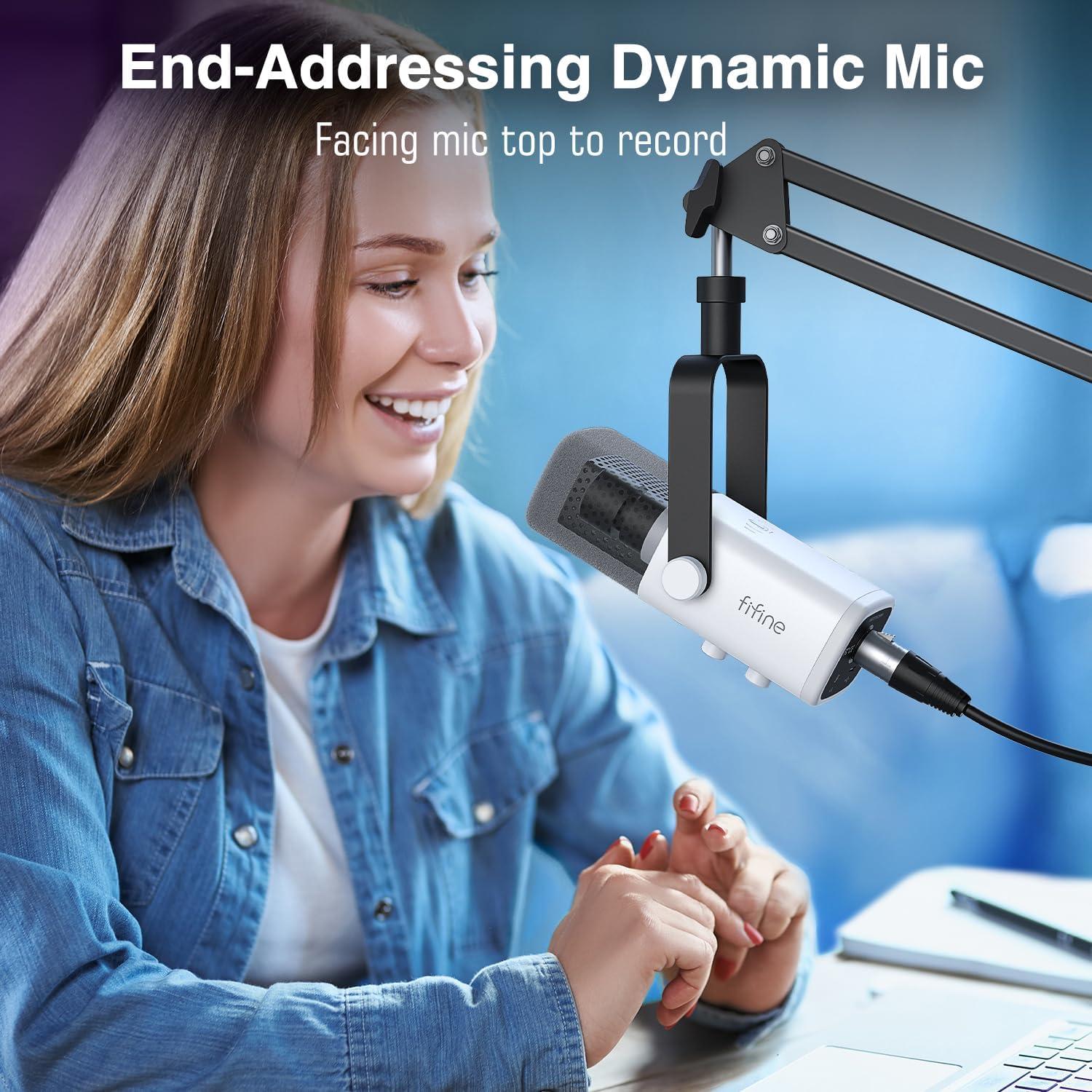 imageFIFINE XLRUSB Gaming Microphone Set Dynamic PC Mic for Streaming Podcasting Computer RGB Mic Kit with Boom Arm Stand Mute Button Headphones Jack for Recording Vocal VoiceOverAmpliGame AM8TWhite