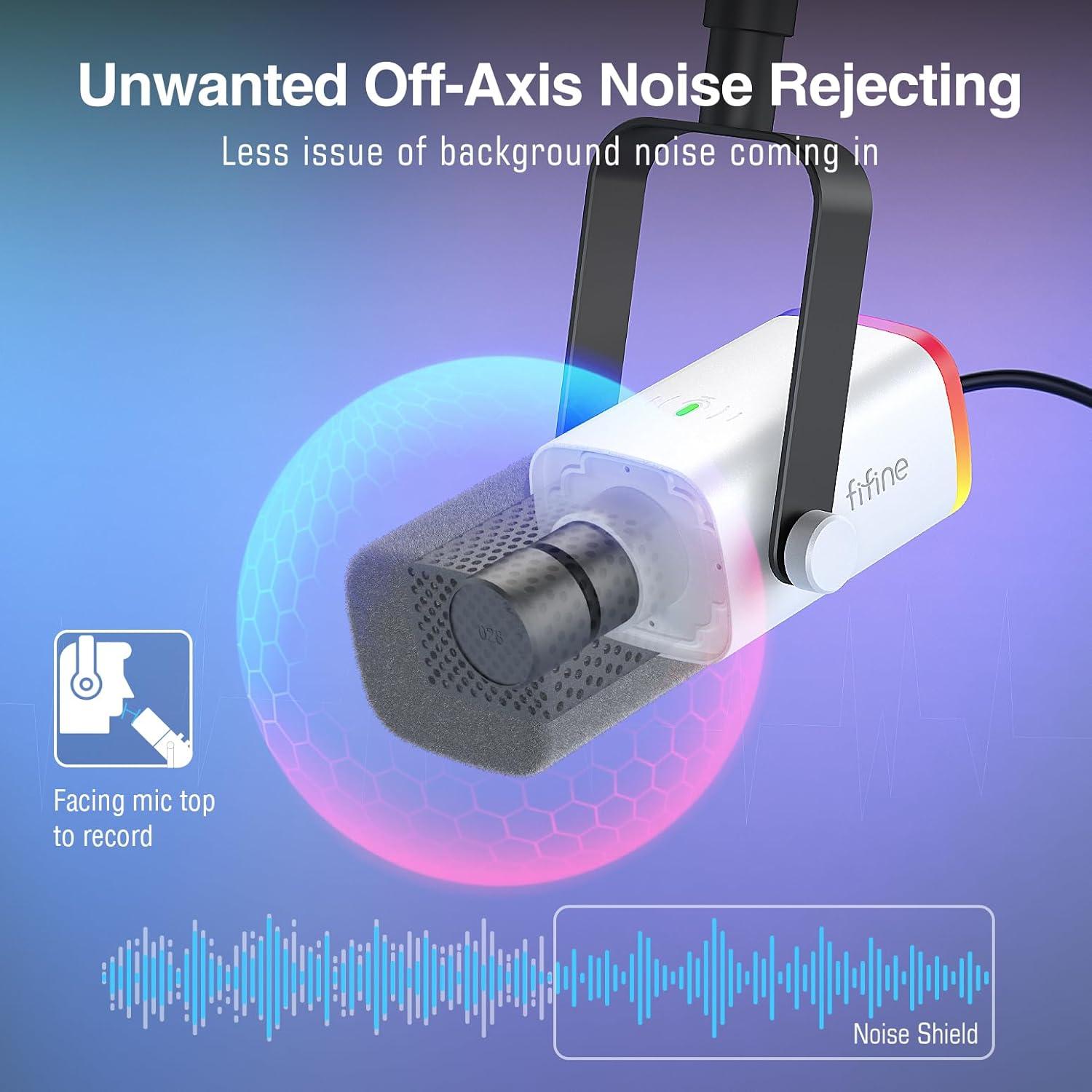 imageFIFINE XLRUSB Gaming Microphone Set Dynamic PC Mic for Streaming Podcasting Computer RGB Mic Kit with Boom Arm Stand Mute Button Headphones Jack for Recording Vocal VoiceOverAmpliGame AM8TWhite