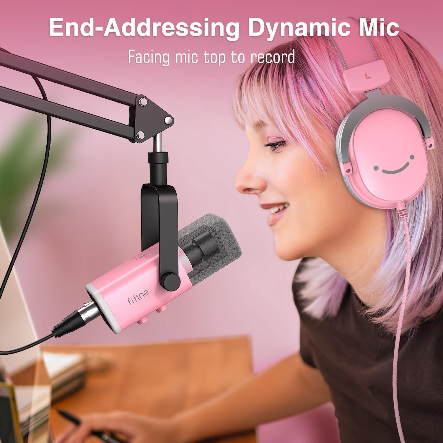 imageFIFINE XLRUSB Gaming Microphone Set Dynamic PC Mic for Streaming Podcasting Computer RGB Mic Kit with Boom Arm Stand Mute Button Headphones Jack for Recording Vocal VoiceOverAmpliGame AM8TPink