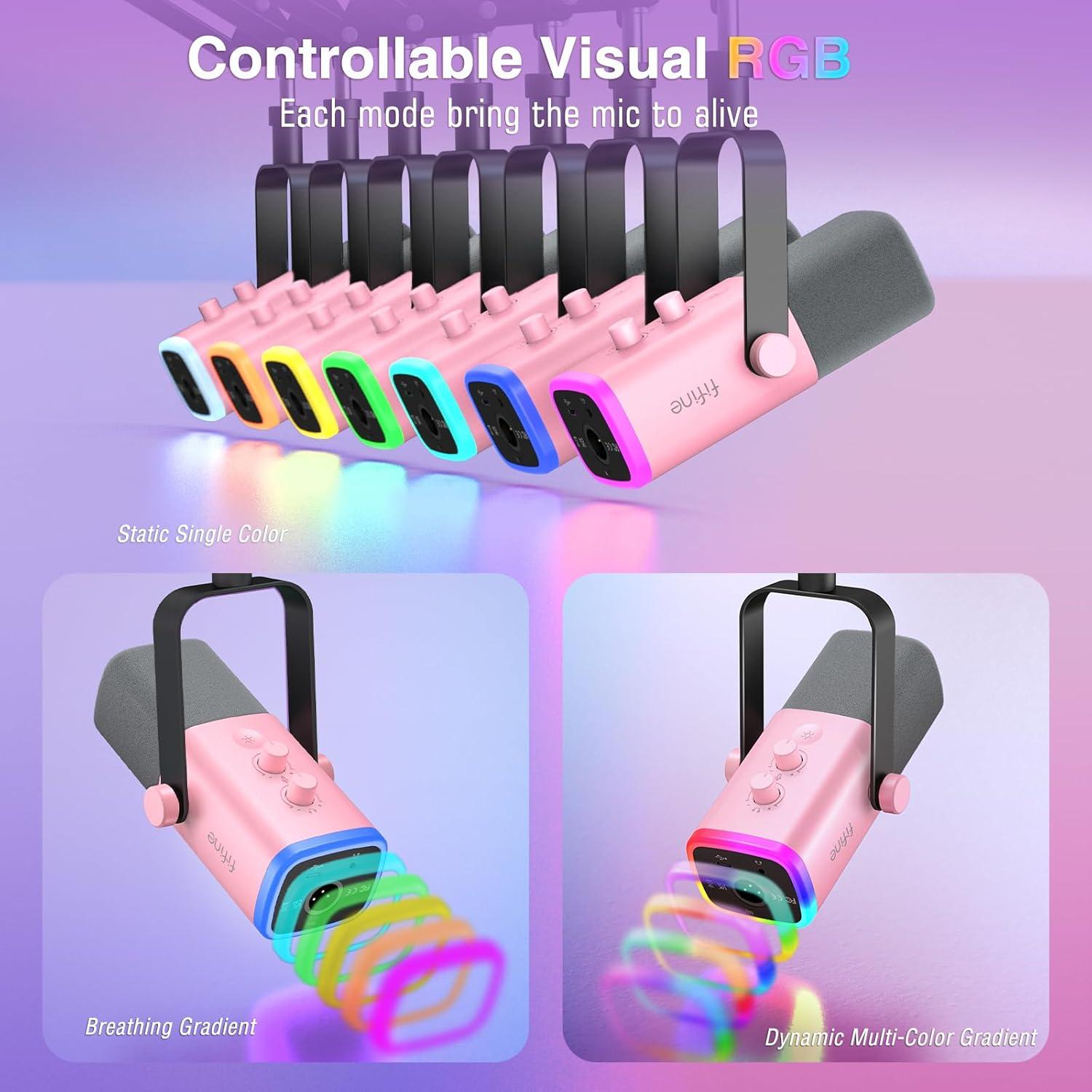 imageFIFINE XLRUSB Gaming Microphone Set Dynamic PC Mic for Streaming Podcasting Computer RGB Mic Kit with Boom Arm Stand Mute Button Headphones Jack for Recording Vocal VoiceOverAmpliGame AM8TPink