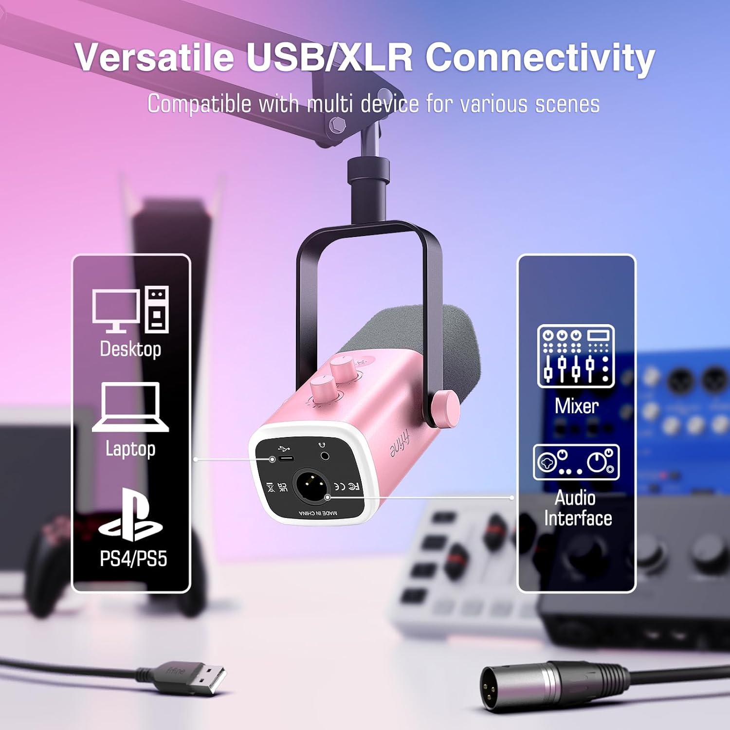 imageFIFINE XLRUSB Gaming Microphone Set Dynamic PC Mic for Streaming Podcasting Computer RGB Mic Kit with Boom Arm Stand Mute Button Headphones Jack for Recording Vocal VoiceOverAmpliGame AM8TPink