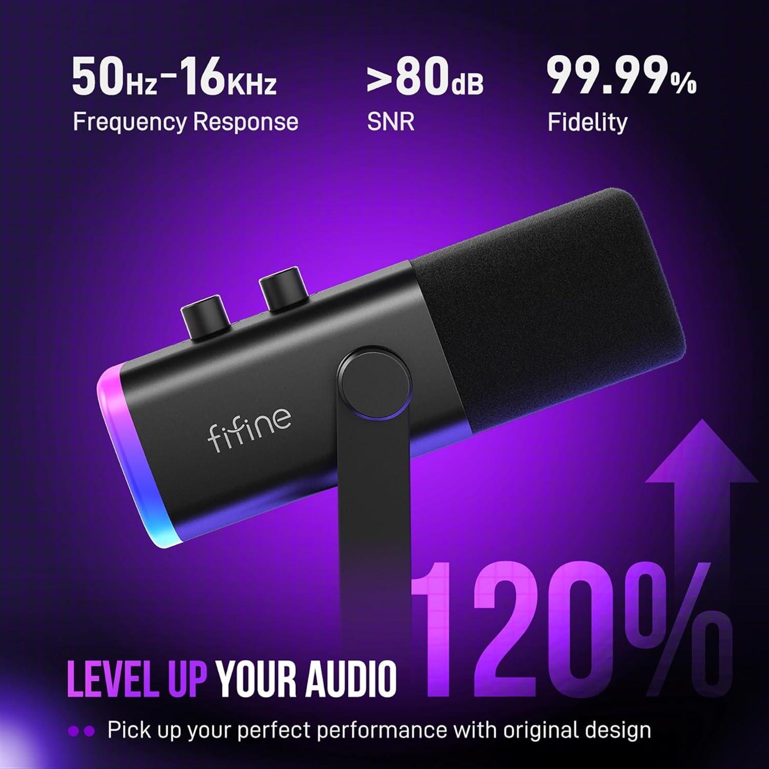 imageFIFINE XLRUSB Gaming Microphone Set Dynamic PC Mic for Streaming Podcasting Computer RGB Mic Kit with Boom Arm Stand Mute Button Headphones Jack for Recording Vocal VoiceOverAmpliGame AM8TBlack