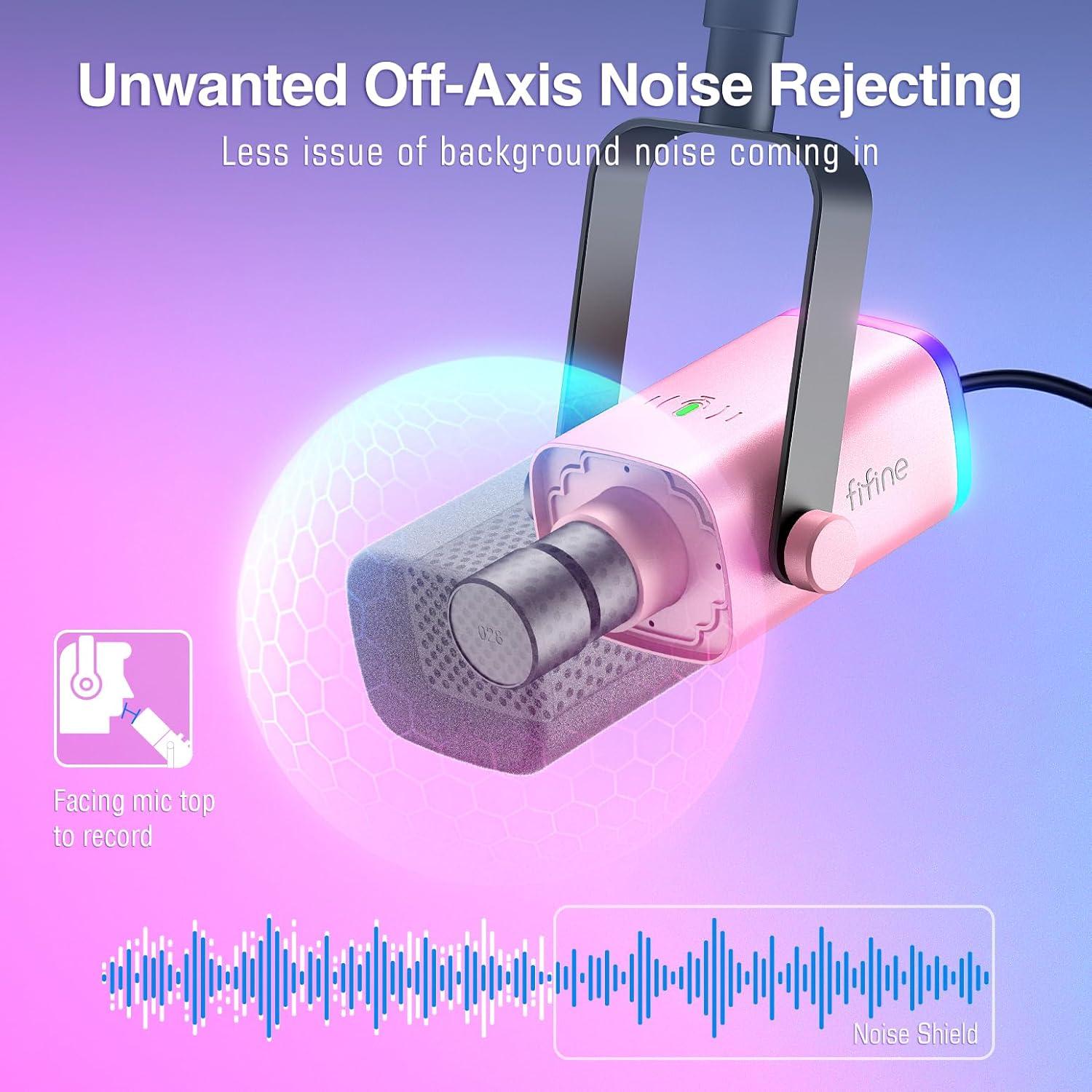 imageFIFINE XLRUSB Gaming Microphone Set Dynamic PC Mic for Streaming Podcasting Computer RGB Mic Kit with Boom Arm Stand Mute Button Headphones Jack for Recording Vocal VoiceOverAmpliGame AM8TPink
