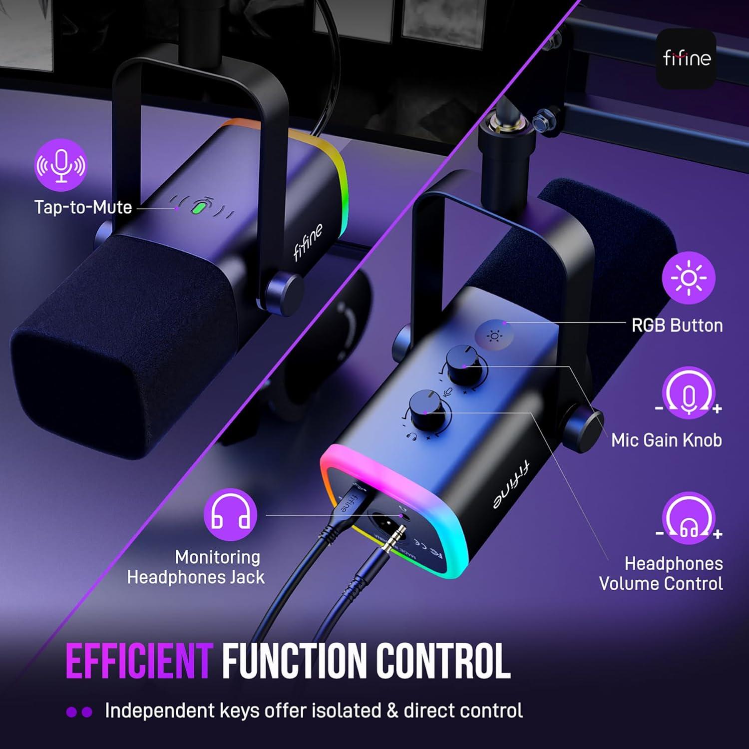 imageFIFINE XLRUSB Gaming Microphone Set Dynamic PC Mic for Streaming Podcasting Computer RGB Mic Kit with Boom Arm Stand Mute Button Headphones Jack for Recording Vocal VoiceOverAmpliGame AM8TBlack