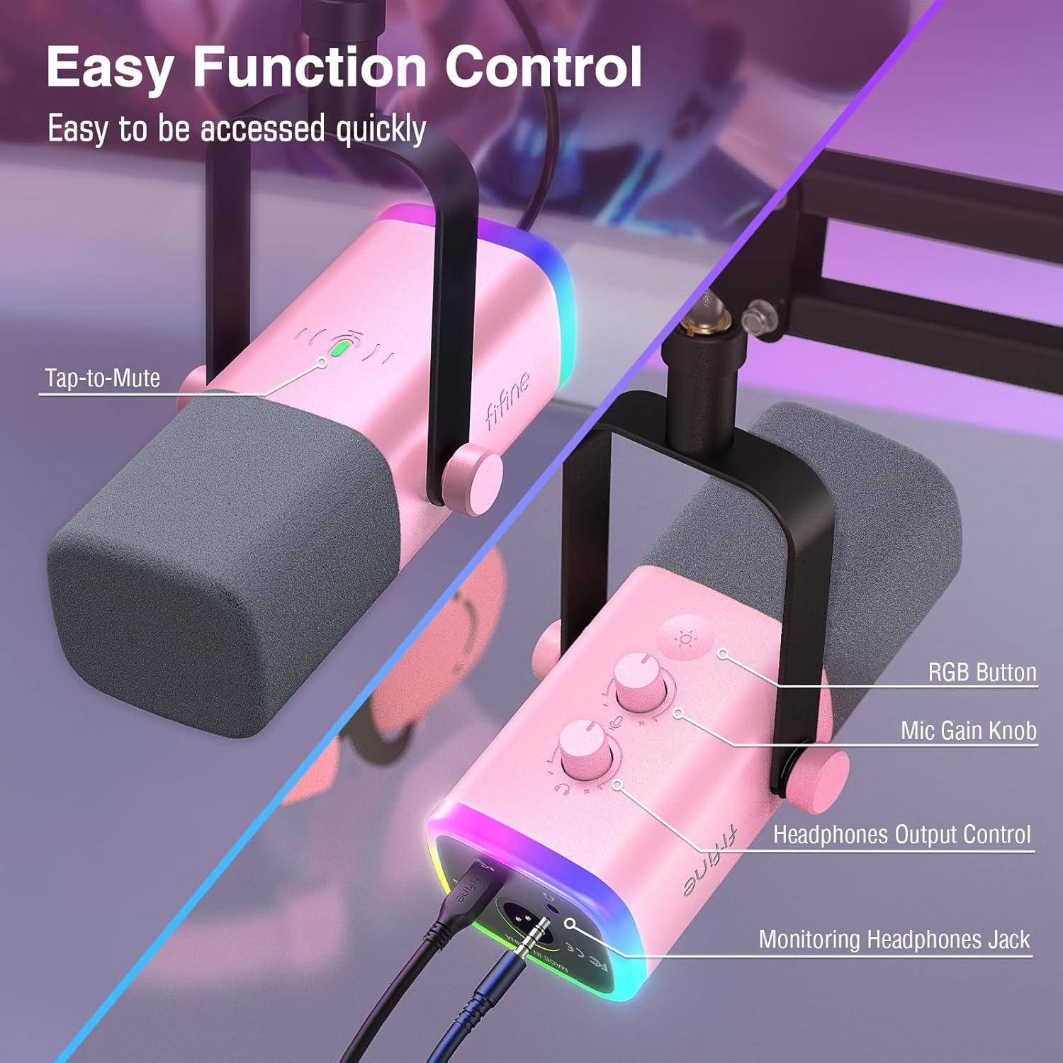 imageFIFINE XLRUSB Gaming Microphone Set Dynamic PC Mic for Streaming Podcasting Computer RGB Mic Kit with Boom Arm Stand Mute Button Headphones Jack for Recording Vocal VoiceOverAmpliGame AM8TPink