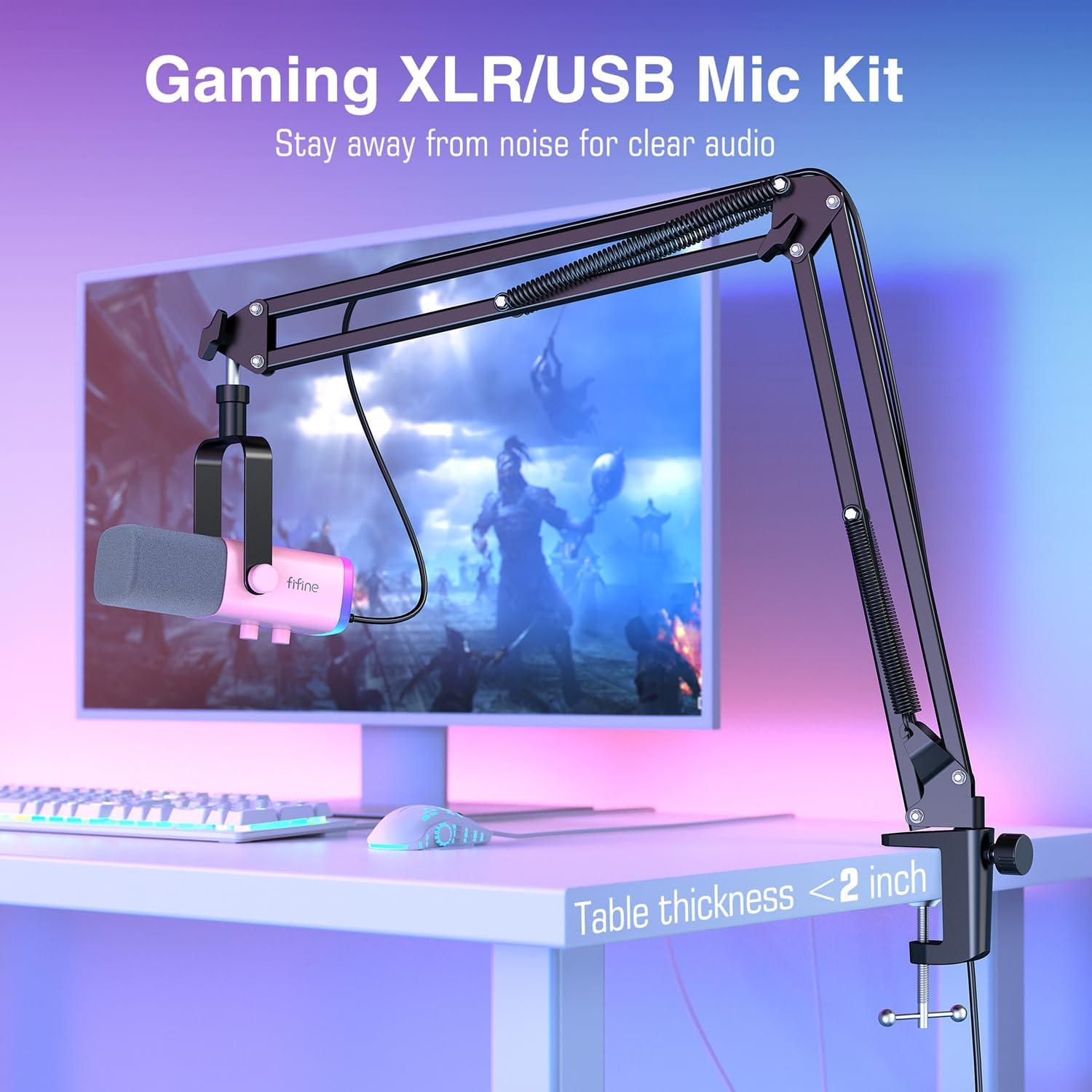 imageFIFINE XLRUSB Gaming Microphone Set Dynamic PC Mic for Streaming Podcasting Computer RGB Mic Kit with Boom Arm Stand Mute Button Headphones Jack for Recording Vocal VoiceOverAmpliGame AM8TPink