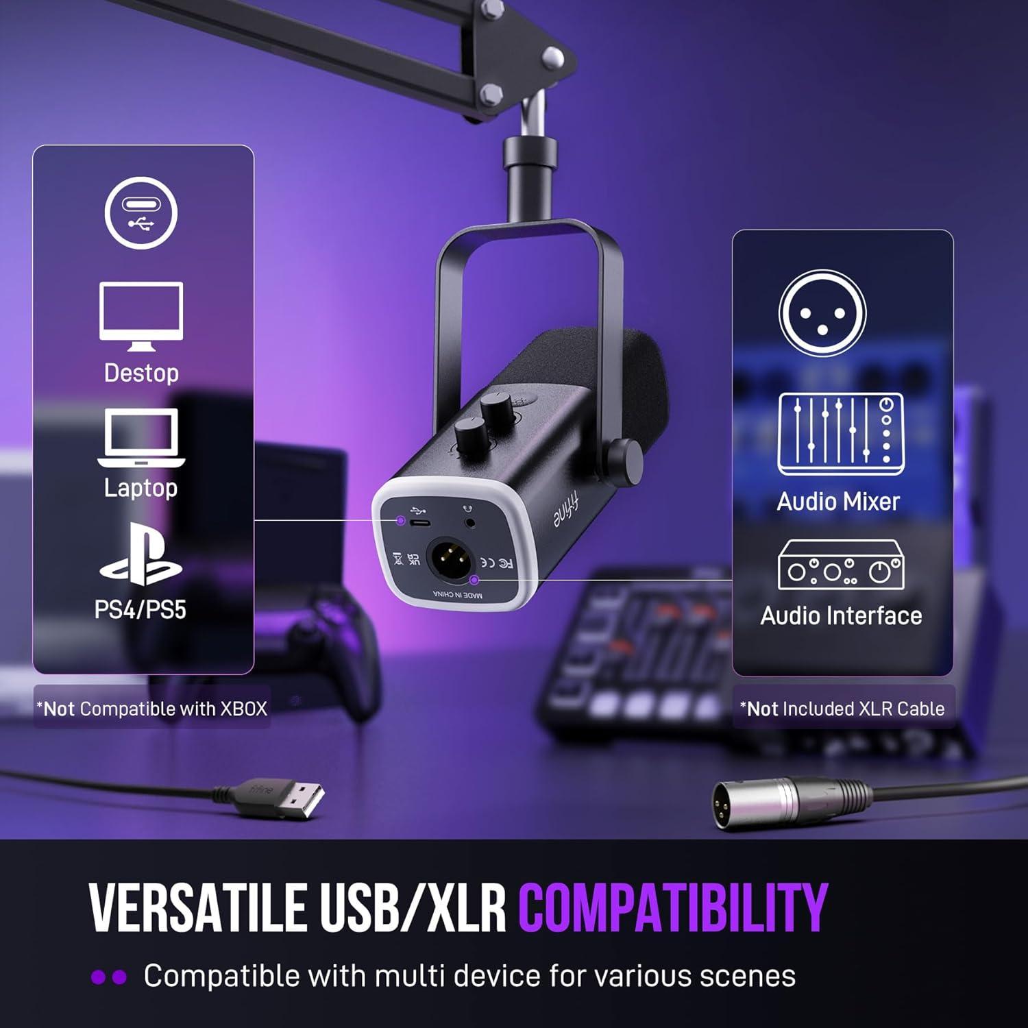 imageFIFINE XLRUSB Gaming Microphone Set Dynamic PC Mic for Streaming Podcasting Computer RGB Mic Kit with Boom Arm Stand Mute Button Headphones Jack for Recording Vocal VoiceOverAmpliGame AM8TBlack