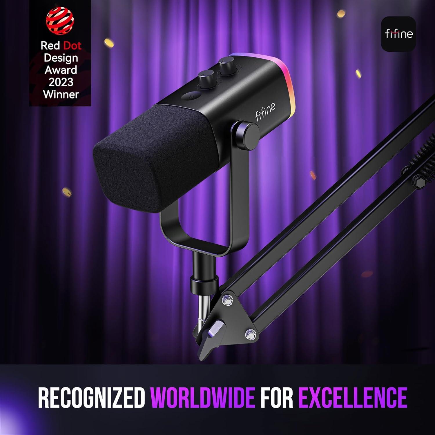 imageFIFINE XLRUSB Gaming Microphone Set Dynamic PC Mic for Streaming Podcasting Computer RGB Mic Kit with Boom Arm Stand Mute Button Headphones Jack for Recording Vocal VoiceOverAmpliGame AM8TBlack