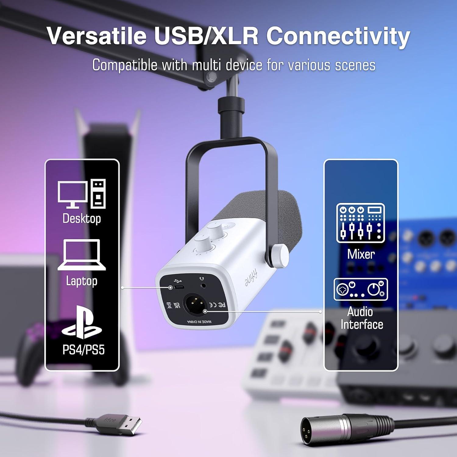 imageFIFINE XLRUSB Gaming Microphone Set Dynamic PC Mic for Streaming Podcasting Computer RGB Mic Kit with Boom Arm Stand Mute Button Headphones Jack for Recording Vocal VoiceOverAmpliGame AM8TWhite