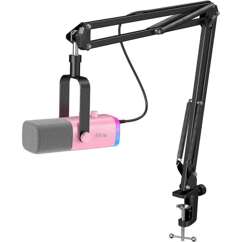 imageFIFINE XLRUSB Gaming Microphone Set Dynamic PC Mic for Streaming Podcasting Computer RGB Mic Kit with Boom Arm Stand Mute Button Headphones Jack for Recording Vocal VoiceOverAmpliGame AM8TPink
