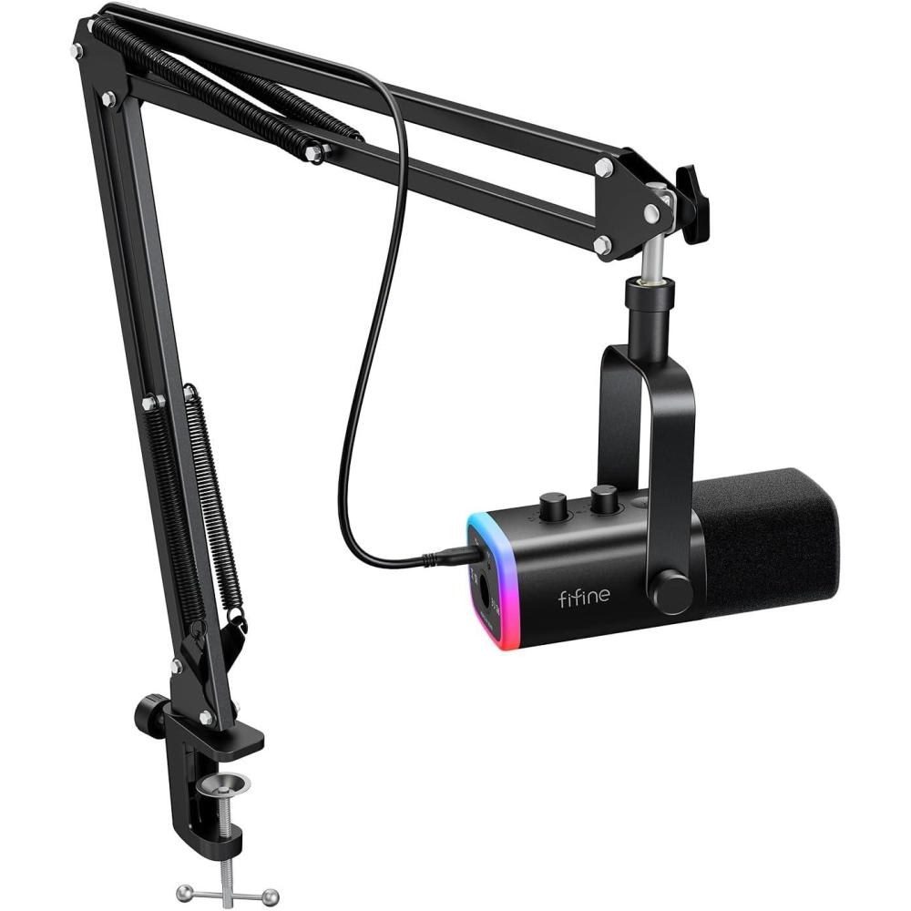 imageFIFINE XLRUSB Gaming Microphone Set Dynamic PC Mic for Streaming Podcasting Computer RGB Mic Kit with Boom Arm Stand Mute Button Headphones Jack for Recording Vocal VoiceOverAmpliGame AM8TBlack