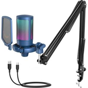 imageFIFINE Gaming PC USB Microphone Podcast Condenser Mic with Boom Arm Pop Filter Mute Button for Streaming Twitch Online Chat RGB Computer Mic for PS45 PC Gamer YoutuberAmpliGame A6TBlue