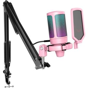 imageFIFINE Gaming PC USB Microphone Podcast Condenser Mic with Boom Arm Pop Filter Mute Button for Streaming Twitch Online Chat RGB Computer Mic for PS45 PC Gamer YoutuberAmpliGame A6TPink