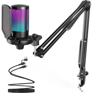 imageFIFINE Gaming PC USB Microphone Podcast Condenser Mic with Boom Arm Pop Filter Mute Button for Streaming Twitch Online Chat RGB Computer Mic for PS45 PC Gamer YoutuberAmpliGame A6TBlack