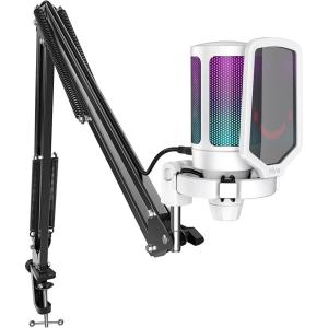 imageFIFINE Gaming PC USB Microphone Podcast Condenser Mic with Boom Arm Pop Filter Mute Button for Streaming Twitch Online Chat RGB Computer Mic for PS45 PC Gamer YoutuberAmpliGame A6TWhite