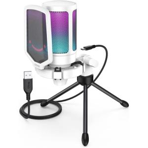 imageFIFINE Gaming USB Microphone for PC PS5 Condenser Mic with Quick Mute RGB Indicator Tripod Stand Pop Filter Shock Mount Gain Control for Streaming Discord Twitch Podcasts Videos AmpliGameWhite