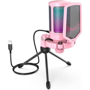 imageFIFINE Gaming USB Microphone for PC PS5 Condenser Mic with Quick Mute RGB Indicator Tripod Stand Pop Filter Shock Mount Gain Control for Streaming Discord Twitch Podcasts Videos AmpliGamePink