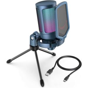 imageFIFINE Gaming USB Microphone for PC PS5 Condenser Mic with Quick Mute RGB Indicator Tripod Stand Pop Filter Shock Mount Gain Control for Streaming Discord Twitch Podcasts Videos AmpliGameBlue