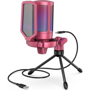 imageFIFINE Gaming USB Microphone for PC PS5 Condenser Mic with Quick Mute RGB Indicator Tripod Stand Pop Filter Shock Mount Gain Control for Streaming Discord Twitch Podcasts Videos AmpliGameRed