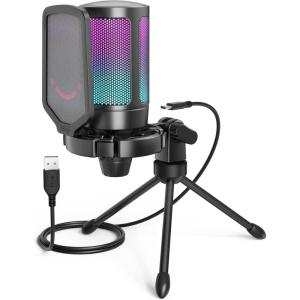imageFIFINE Gaming USB Microphone for PC PS5 Condenser Mic with Quick Mute RGB Indicator Tripod Stand Pop Filter Shock Mount Gain Control for Streaming Discord Twitch Podcasts Videos AmpliGameBlack