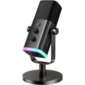 imageFIFINE USBXLR Dynamic Microphone for Podcast Recording PC Computer Gaming Streaming Mic with RGB Light Mute Button Headphones Jack Desktop Stand Vocal Mic for Singing YouTubeAmpliGame AM8Black