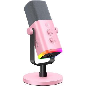 imageFIFINE USBXLR Dynamic Microphone for Podcast Recording PC Computer Gaming Streaming Mic with RGB Light Mute Button Headphones Jack Desktop Stand Vocal Mic for Singing YouTubeAmpliGame AM8Pink