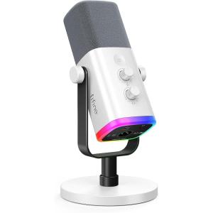 imageFIFINE USBXLR Dynamic Microphone for Podcast Recording PC Computer Gaming Streaming Mic with RGB Light Mute Button Headphones Jack Desktop Stand Vocal Mic for Singing YouTubeAmpliGame AM8White