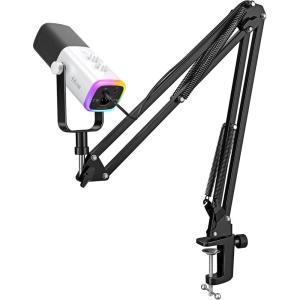 imageFIFINE XLRUSB Gaming Microphone Set Dynamic PC Mic for Streaming Podcasting Computer RGB Mic Kit with Boom Arm Stand Mute Button Headphones Jack for Recording Vocal VoiceOverAmpliGame AM8TWhite